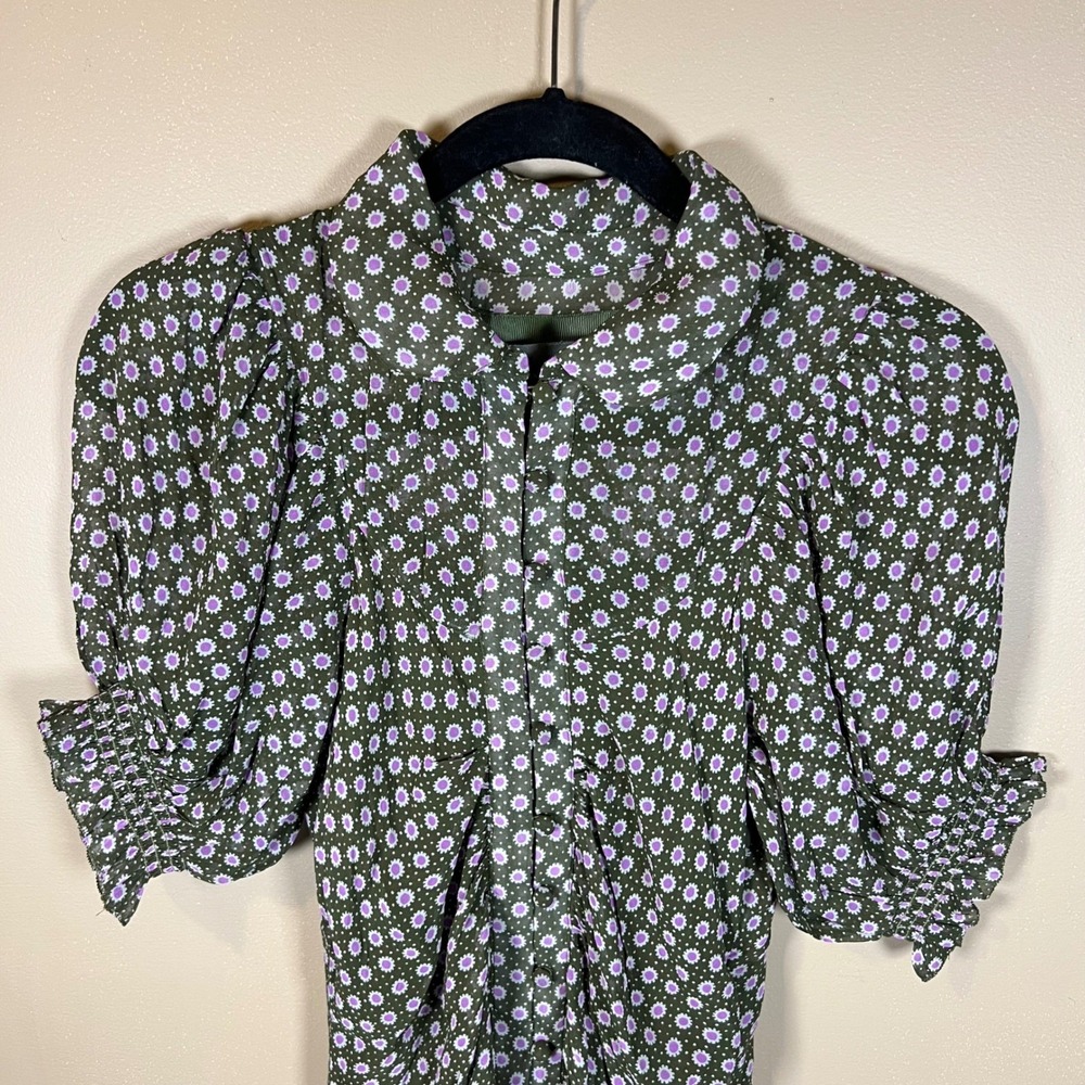 Anthropologie Green Purple Floral Sunburst Puff Sleeve Maxi Dress Size 0 - Picture 4 of 12